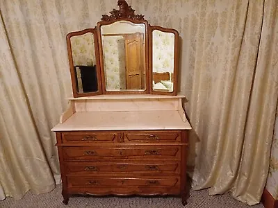 Vintage French Louis XV Marble Topped Drawers Dressing Table With Mirror • £275