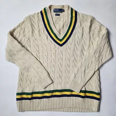 Polo Ralph Lauren XLarge Cricket Sweater Varsity VTG Cable Knit White Tennis PRL • $99