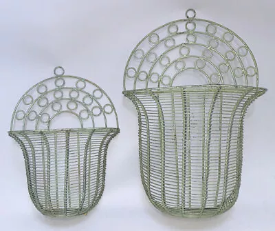 Set Of 2 Decorative Metal Hanging Wall Baskets Distressed Seafoam Green Mera Vic • $28.95