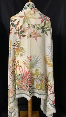 Vismaya Anthropologie Artisan Palm Tropical Floral Fringe Scarf Wrap 75 X 41 In • $32