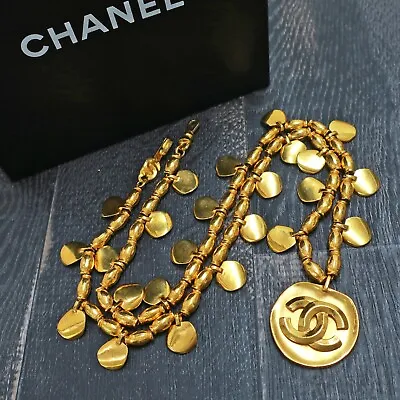 CHANEL Gold Plated CC Logos Round Vintage Chain Necklace Pendant #499c Rise-on • $1012.44