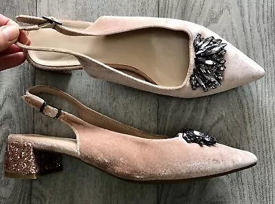 M&S Ladies Slingback Low Heel Shoes  Size 3  Nude Velvet With Rhinestones • £14