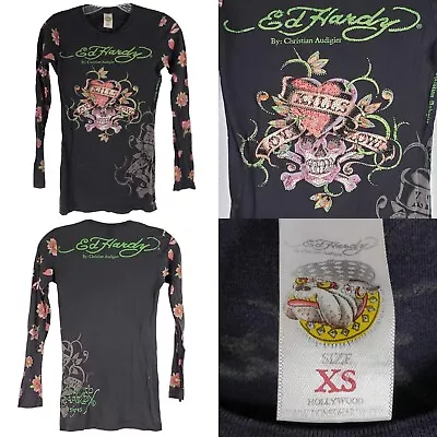 Ed Hardy Shirt Women's Size XS Black Floral Long Sleeve Skull Graphic Y2K • $29.99