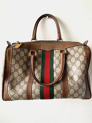GUCCI Vintage Sherry Line GG PVC Canvas Leather Boston Hand Bag • $345
