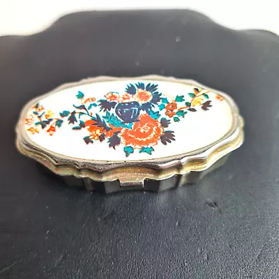 Vintage Gold Tone Pill Box With Boquet Of Orange And Aqua Flowers On The Lid • $14.95