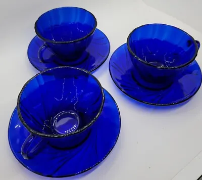 VTG Cobalt Blue Cup & Saucer Set Of 3 Rivage Swirl Glass Vereco France Tea Cup • $25