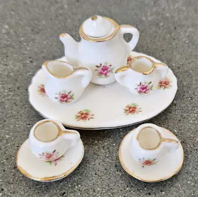 VTG Dollhouse Tea Set Roses Miniature Porcelain 9 Pc Teapot Cream Sugar Cups • $14