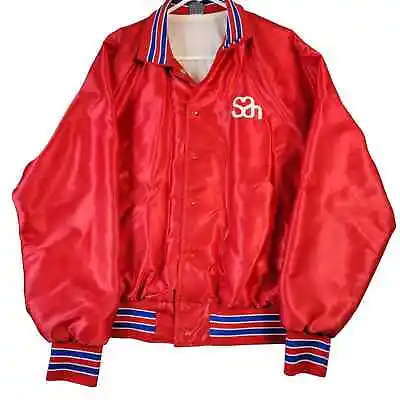 Vintage 80s Save A Heart Foundation Satin Jacket Varsity Mens L Snap Buttons Red • $21.21