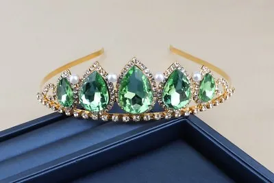 £16.99 • Buy Green Tiara Gold Pearl Diamante Crystals Wedding Prom Bridal Occasions Queen UK 