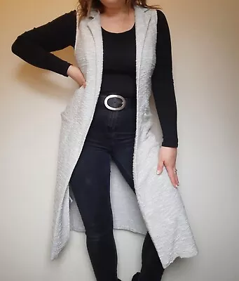 Women Size 12 New Look Grey Sleeveless Longline Blazer Open Jacket Cardigan Vest • £6.99