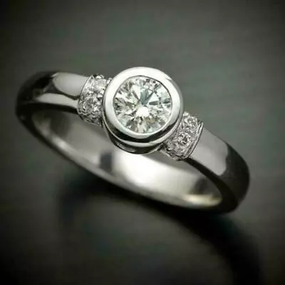Solid 14k White Gold Round Cut Bezel Set 1 Ct Moissanite Engagement Wedding Ring • $214.84