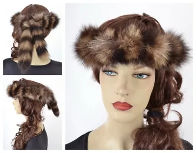 U137 Real Raccoon Fur Headband Winter Ranch Raccon Ear Warmer Hat Size 7 1/4 • $69