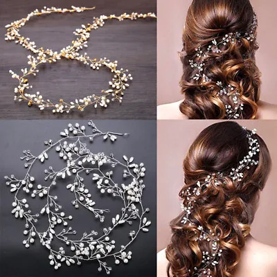 50cm Crystal Pearls Wedding Hair Vine Bridal Accessories Diamante Headpiece • £2.39