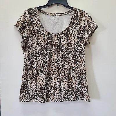 Merona Womens Tunic Top Animal Print Blouse Women XL Brown Short Sleeve Pullover • $12.80