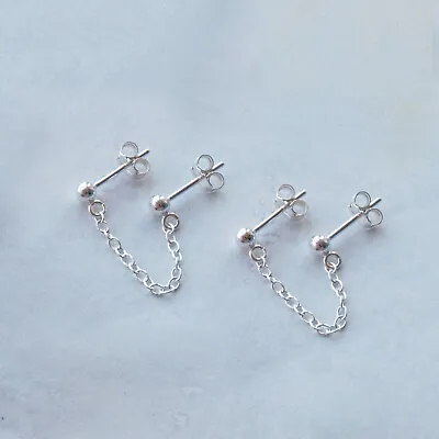 £24 • Buy Double Piercing Earrings Pair Set Sterling Silver Ear Chain For Two Holes Design