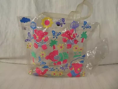 Vintage Clear Plastic Bag Tote Pink Elephants Butterflies 80s Lisa Frank Vibe W2 • $22.99