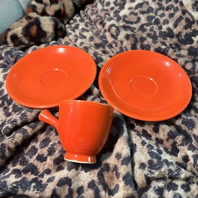 Vintage Homer Laughlin FIESTA RED Stick Handle Demitasse Cup &  2 Saucer GREAT • $67.77