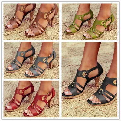 Womens Ankle Strap Buckle Mid Low Block Heel Sandals Retro Peep Toe Summer Shoes • $36.16