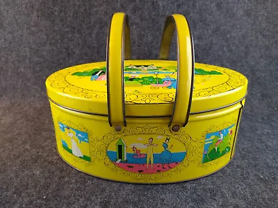 Vintage Tin W Handles Sewing Storage Picnic Basket Victorian Theme Yellow Oval • $21.60