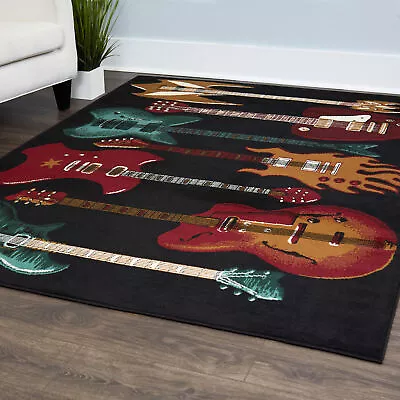 Acoustic Electric Guitar Black Area Rug Red Fender Musical Instrument Carpet • $36.99