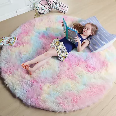 Rainbow Fluffy Round Rugs For Girls Bedroom 4ft Unicorn Room Decor Shag Carpet • $32.74