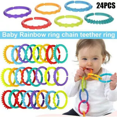 6/24Pcs Rainbow Teether Ring Links Plastic Baby Kids Infant Stroller Play Toys • £2.99