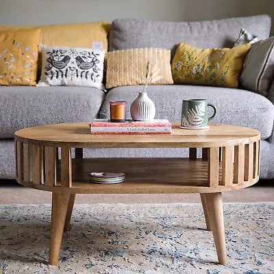 Open Coffee Table Storage Slatted Solid Light Mango Wood Living Room Kimber • £198.99