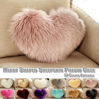 Love Heart Shape Fluffy Pillow Case Soft Sheepskin Home Decor Sofa Cushion Cover • £2.63