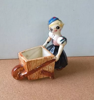 Vintage Small Planter Of A Smiling Cartoonish Girl Pushing A Cart. Made In Japan • $20