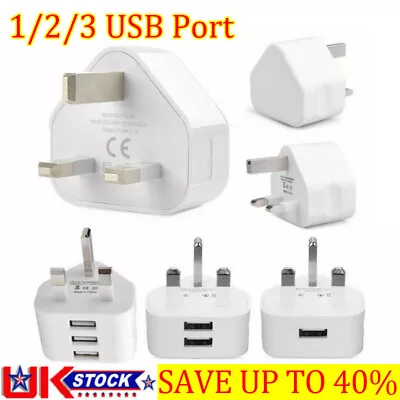 UK Mains 3 Pin Plug Adapter Wall Charger 2/3-Port Dual USB For Phones Tablets • £4.89