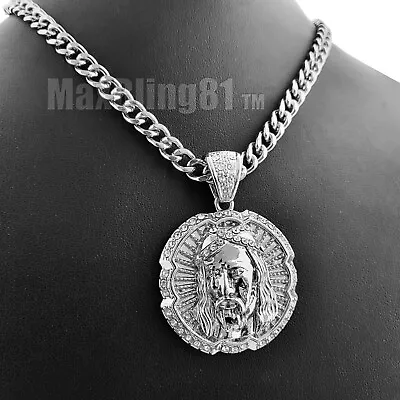 Hip Hop Gold Plated Cubic Zirconia Jesus Pendant 24  ~ 36  Cuban Chain Necklace • $14.99