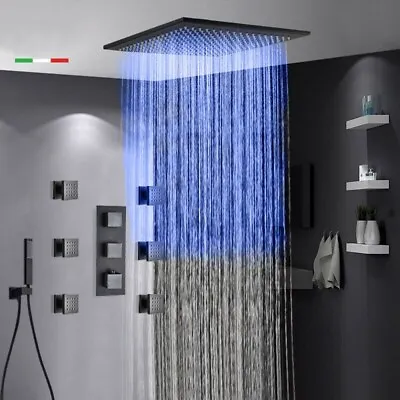 Matte Black 16  LED Rain Shower Faucet Set Kit Thermostatic Massage System Combo • $189