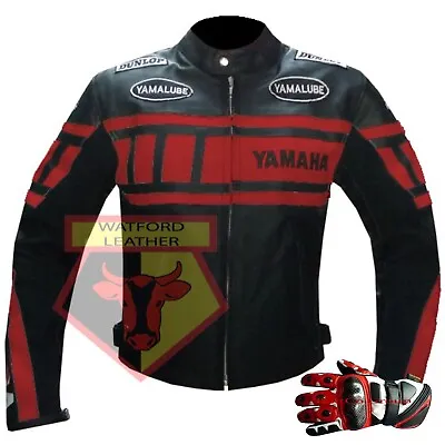 Yamaha Red & Black Motorbike Armoured Cowhide Leather Jacket And Matching Gloves • £169.99