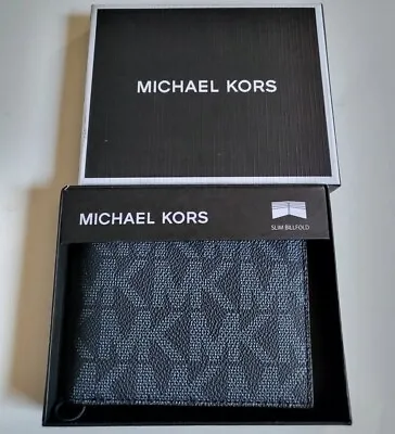 MICHAEL KORS Men`s Wallet Slim Bifold Wallet Allover Logo Dark Blue Monogram  • $34.12