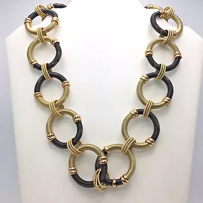 Black And Gold Tone Spring Large Banded Loop Statement Necklace Magnetic Clasp • $30
