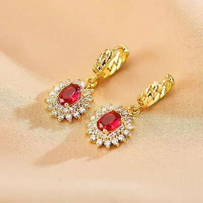 18CT Gold GF  Drop Clusters Earrings With Clear And Red CZ NH742 • £19.99