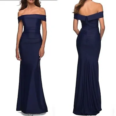 NEW NWT LA FEMME Off The Shoulder Ruched Satin Gown In Navy SIZE 6 MSRP $378 • $90