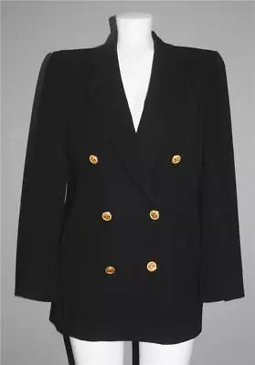 VTG Ann Freedberg Double Breasted Gold Metal Buttons Long Black Wool Blazer Wm 4 • $59.99