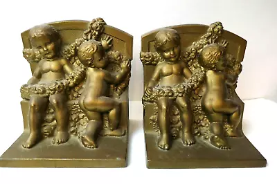 Art Nouveau Bookends Cast Cherub Naked Children K & O Co Kronheim & Oldenbusch • $149