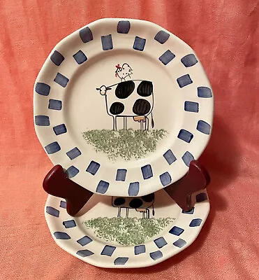 (2) Molly Dallas Spatterware Folk Art Pottery 7.5  Salad Plates Cow Chicken Farm • $10