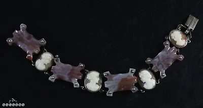 Antique Scottish Silver Agate & Carved Shell Cameo Bracelet • £180