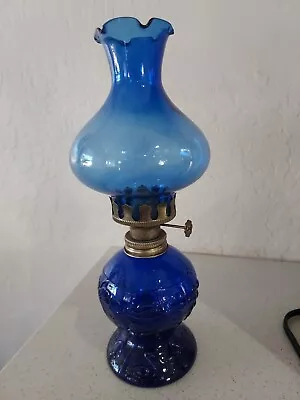 11” Cobalt Blue Glass Hurricane Kerosene Oil Lamp Lantern Vintage Hong Kong • $18