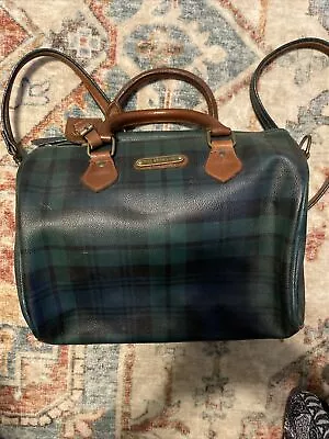 Vtg. POLO RALPH LAUREN Blue Green Plaid Brown Leather Boston Top Handle Bag • $80