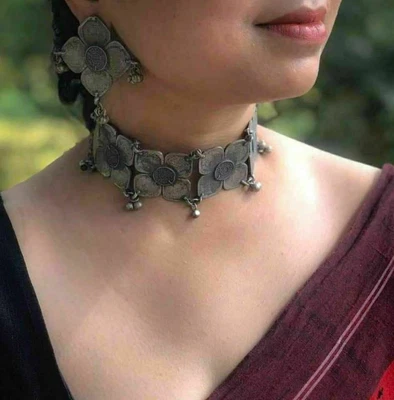 $25.59 • Buy Silver Oxidised Jewellery Set, Indian Jewelry, Bollywood Flower Necklace Set