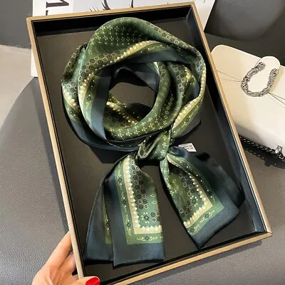 100% Silk Long Scarf Women Men Vintage Green Rhomboid Neckerchief  Tied 150*15cm • $14.32