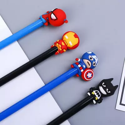 Cute Children Kids 4pcs Cartoon Marvel Superhero Black Gel Ink Pen Sets Gift • £4.08