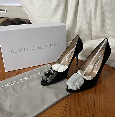 Manolo Blahnik Hangisi 105MM Embellished Satin Pumps Size 38 BLACK • $500