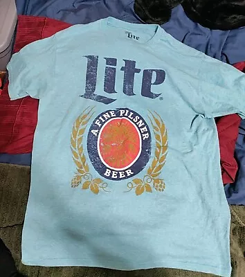 Miller Lite Shirt Mens LARGE Blue A Fine Pilsner Beer Graphic Logo Adult Men  • $5.99