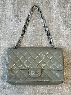 Chanel Green/Grey Patent Leather With Silver-tone Metal Classic Shoulder Bag • £2035