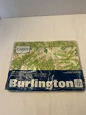Vintage Burlington Caress QUEEN Flat SHEET FITS 60 X 80 IN Green/beige Ferns NOS • $30